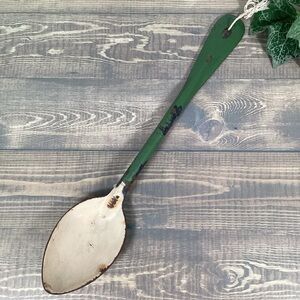 Vintage Green & Tan Enamelware Metal Spoon Rustic Farmhouse Primitive Decor 13"